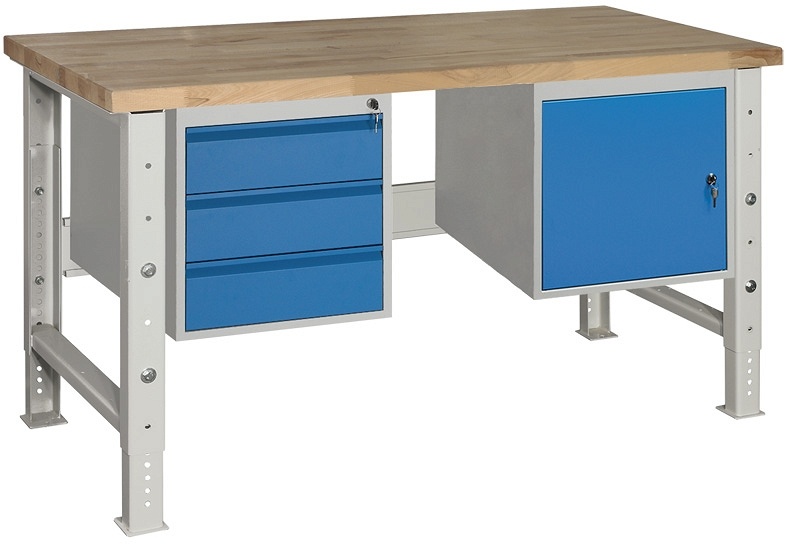 Nastaviteľný dielenský stôl profi 150 s 3 zásuvkami a skrinkou