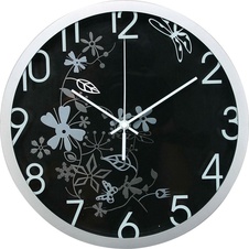 Nástenné hodiny s kvetinovým motívom, čierno-strieborné