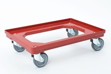 Plastový vozík pod prepravky, 4 otočné 100 mm gumové kolieska, červený