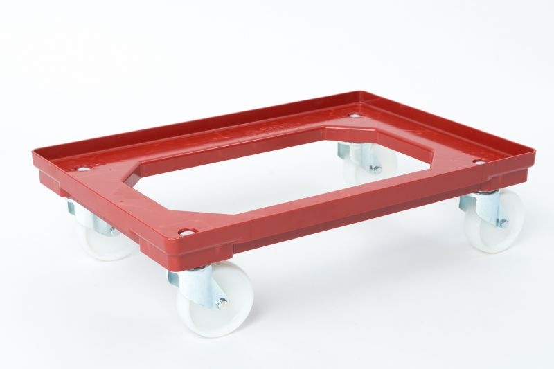 Plastový vozík pod prepravky, 4 otočné 100 mm polyamidové kolieska, červený