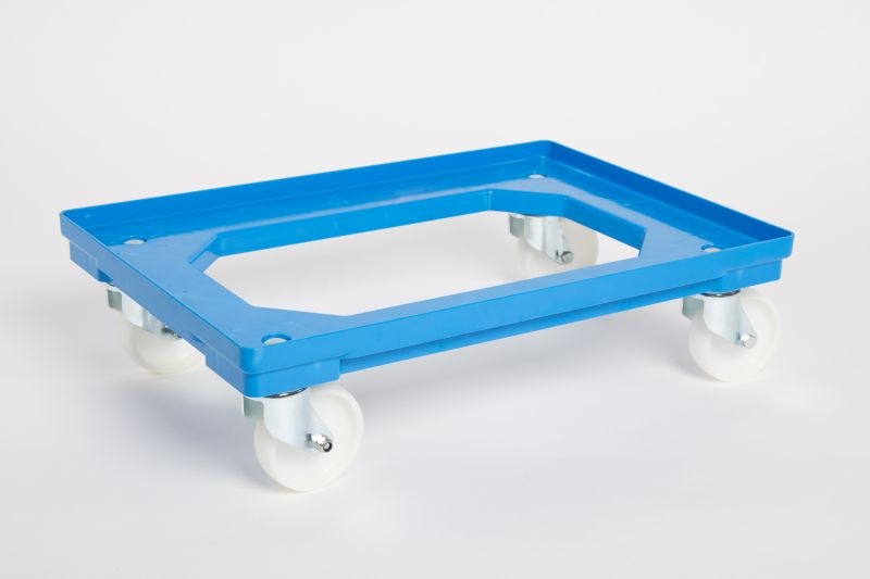 Plastový vozík pod prepravky, 4 otočné 100 mm polyamidové kolieska, modrý