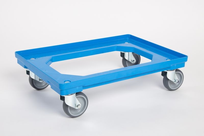 Plastový vozík pod prepravky, 2 otočné 100 mm gumové kolieska, modrý