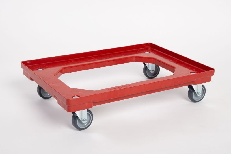 Plastový vozík pod prepravky, 4 otočné 75 mm polyuretánové kolieska, červený