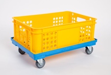 Plastový vozík pod prepravky, 4 otočné 75 mm polyuretánové kolieska, modrý