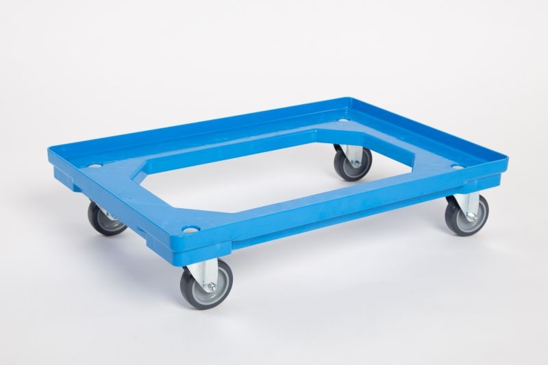 Plastový vozík pod prepravky, 2 otočné 75 mm polyuretánové kolieska, modrý