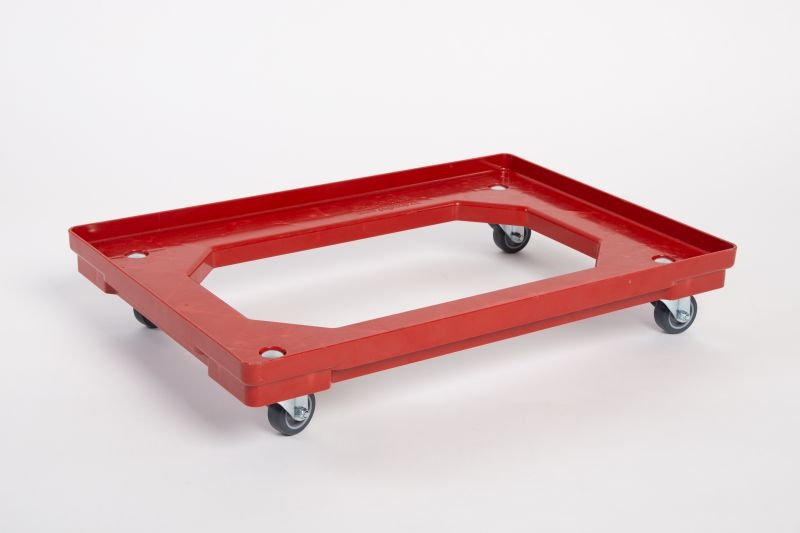 Plastový vozík pod prepravky, 4 otočné 50 mm polyuretánové kolieska, červený