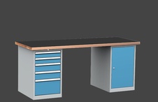 Dielenský stôl DPS 2323 s hladkou pogumovanou pracovnou doskou, kontajner a skrinka