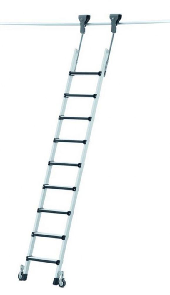 Závesný regálový rebrík so skrutkovými stupňami COMFORTSTEP TREC LH pojazdný, dĺžka 1,84-2,08 m