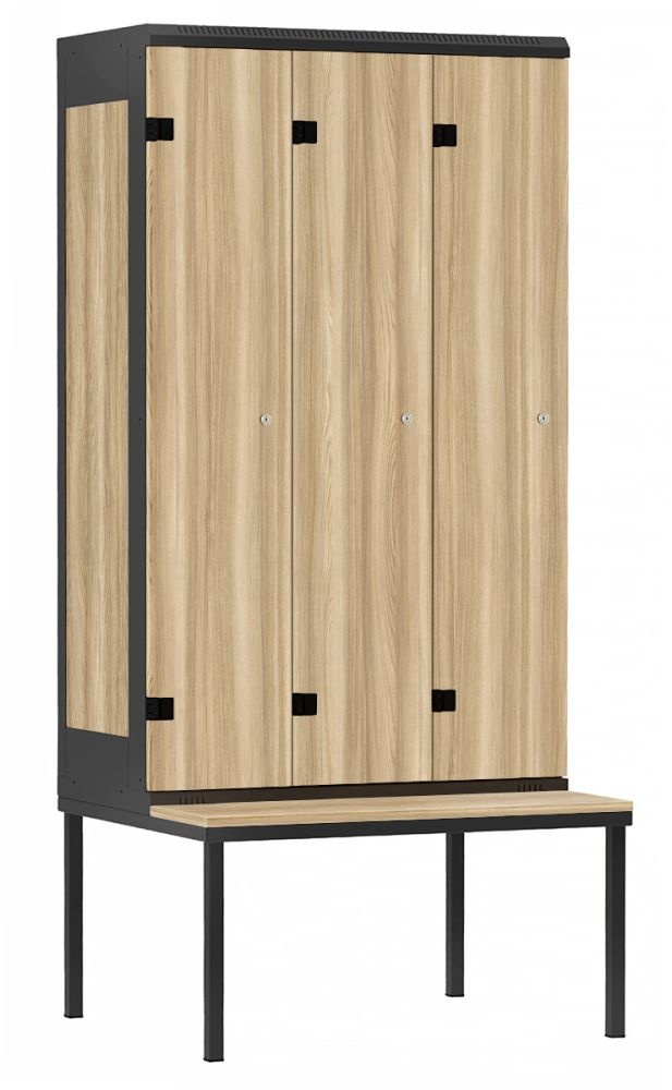 TRITON šatníková skriňa 3-dverová s lavicou, kov-lamino T2195, čierna - jaseň Blonde Surfside