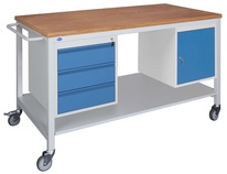 Pojazdný montážny stôl 150x80 cm s kontajnermi Z3 a D1, buková preglejka