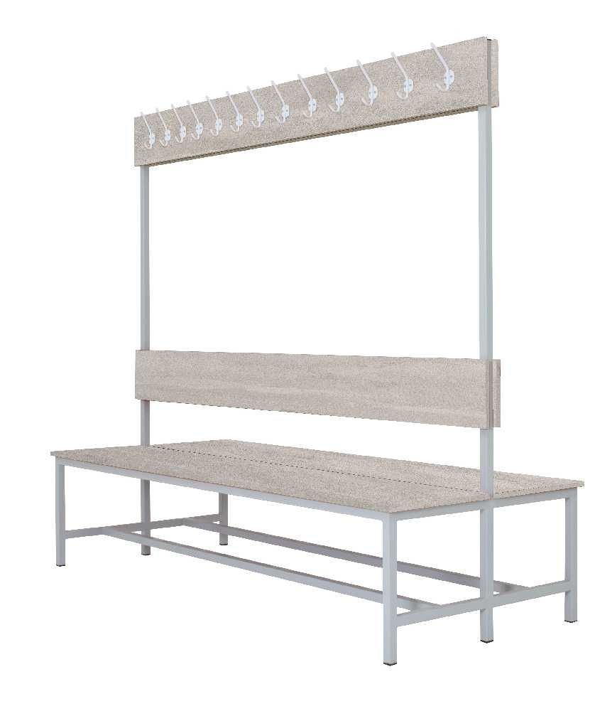 Šatníková lavica obojstranná s 16 vešiakmi kov-lamino, dĺžka 1200 mm, šedá - betón