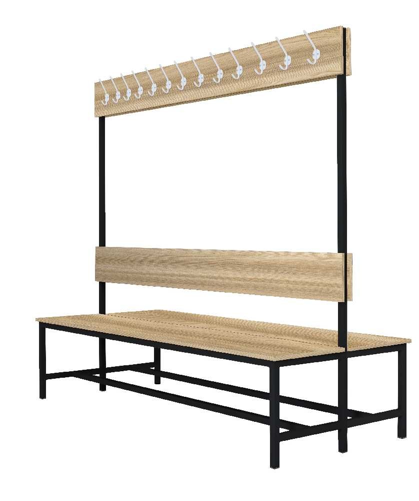 Šatníková lavica obojstranná s 20 vešiakmi kov-lamino, dĺžka 1500 mm, čierna - jasan Blonde Surfside